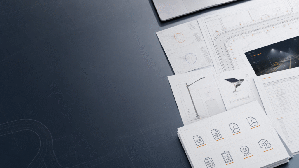 Engineering document pack background with lighting plans, photometric files, drawings, and BOQ support