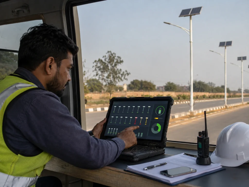 Smart solar street light fault alert and maintenance review