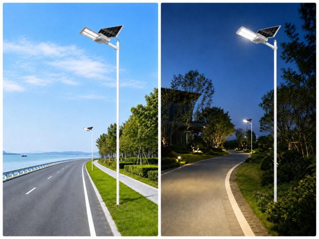 Solar street lighting installation scene for delivery and acceptance support