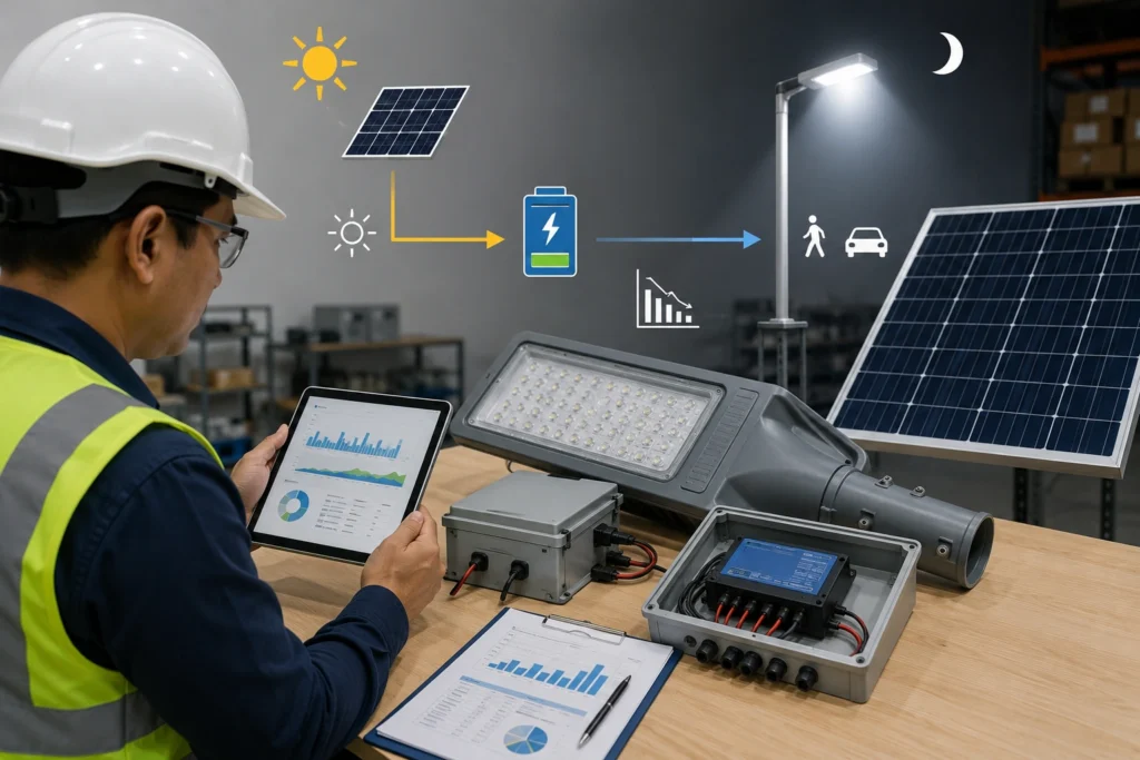 Solar street light brightness setting and battery energy consumption review