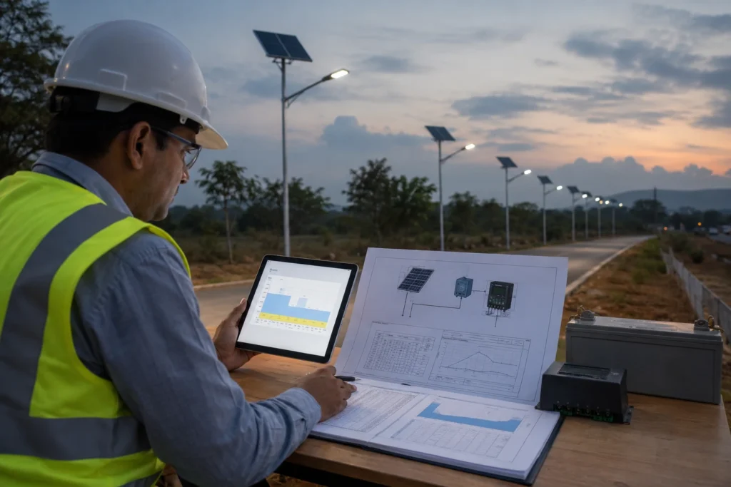 Solar street light dimming profile and battery autonomy review for EPC project