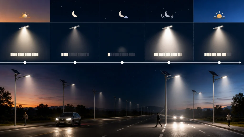 Solar street light dimming schedule by night period from dusk to dawn