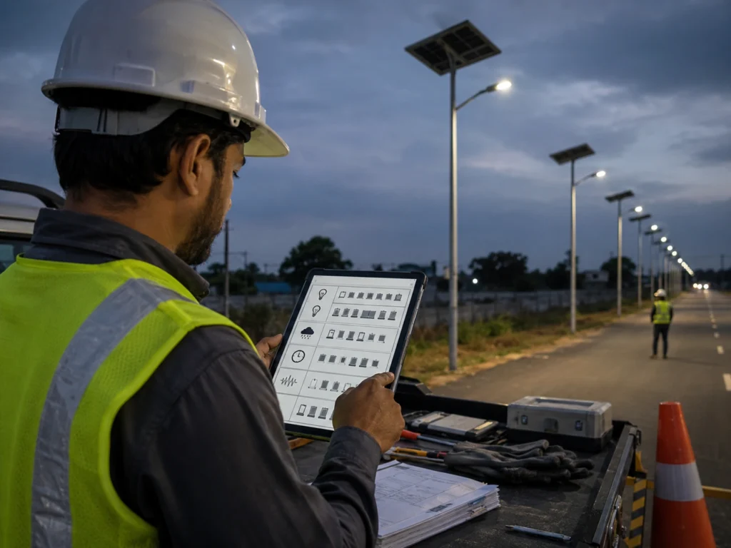 Solar street light failure symptom first check review