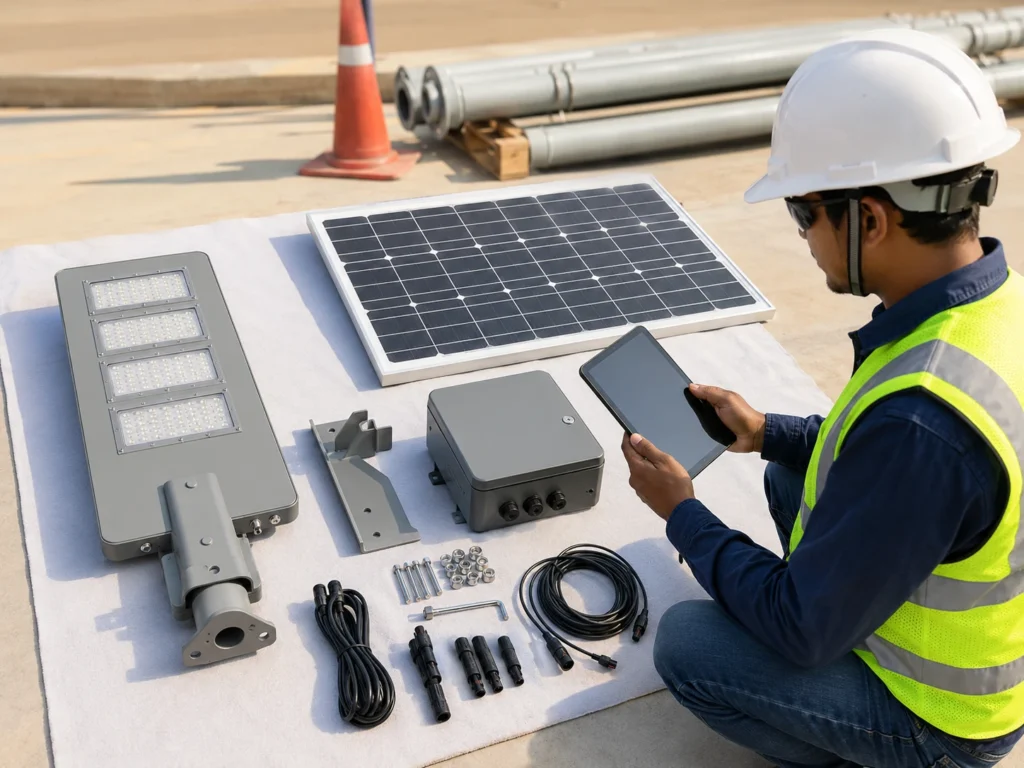 Solar street light ground assembly and component check before installation