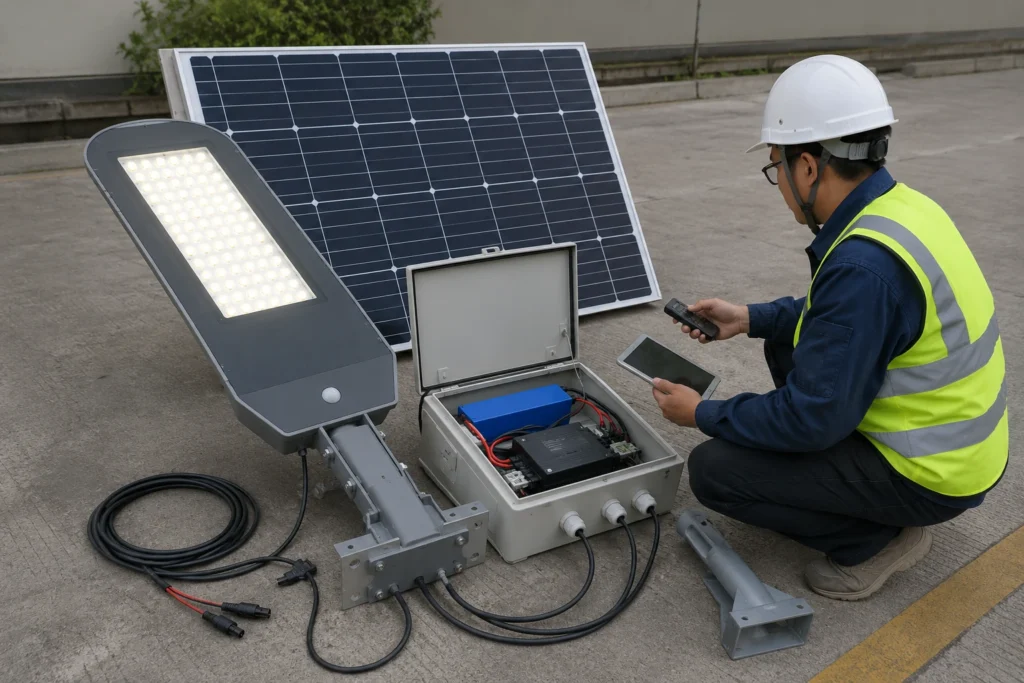 Ground-level test for solar street light before pole installation