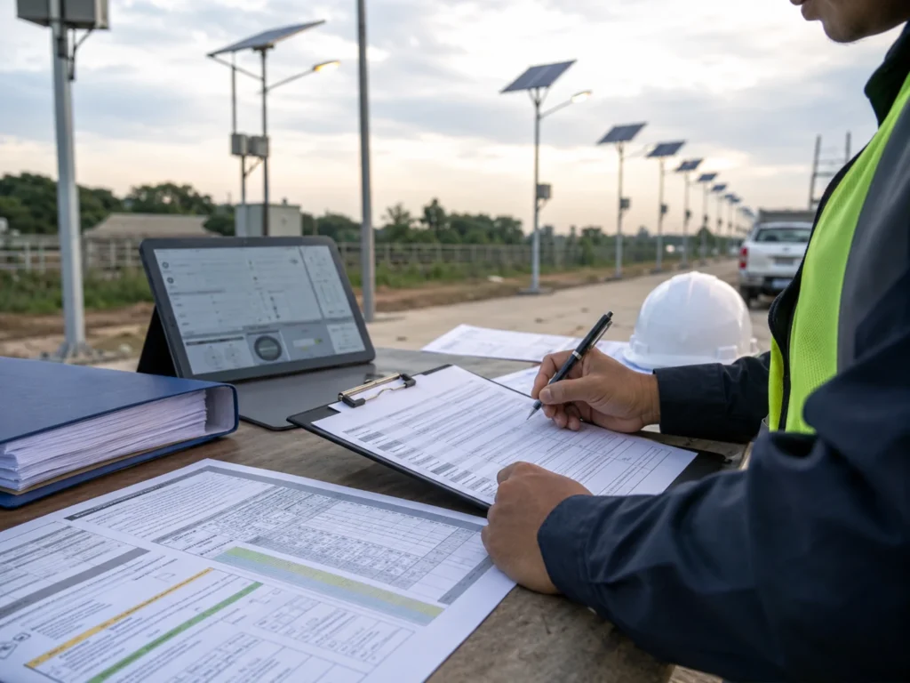 Solar street light handover record with commissioning checklist pole number and controller profile