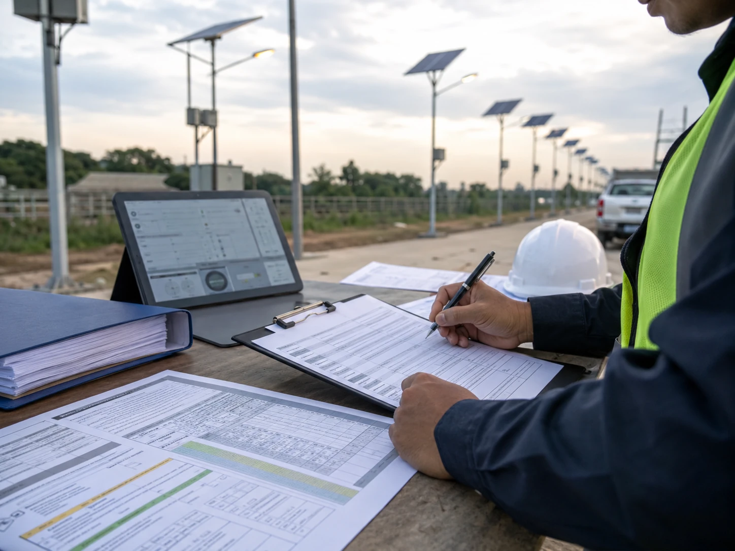 Solar street light handover record with commissioning checklist pole number and controller profile