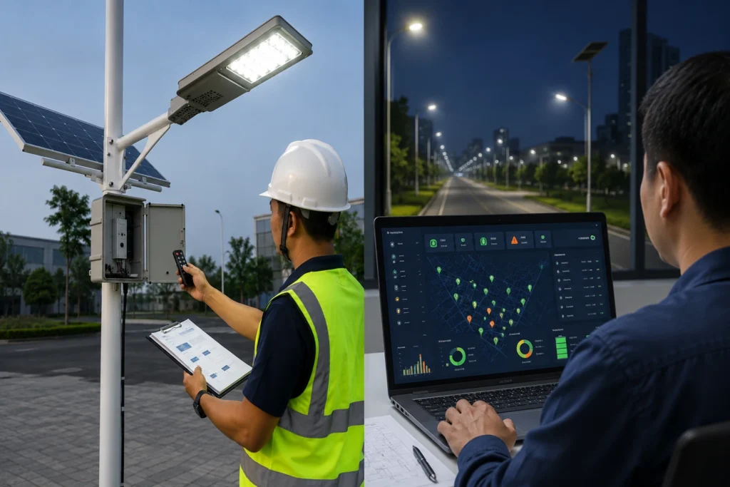 Solar street light local setup versus centralized smart monitoring comparison
