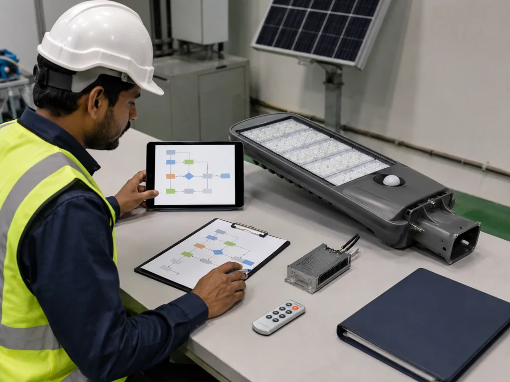 Solar street light motion sensor setting workflow for EPC commissioning
