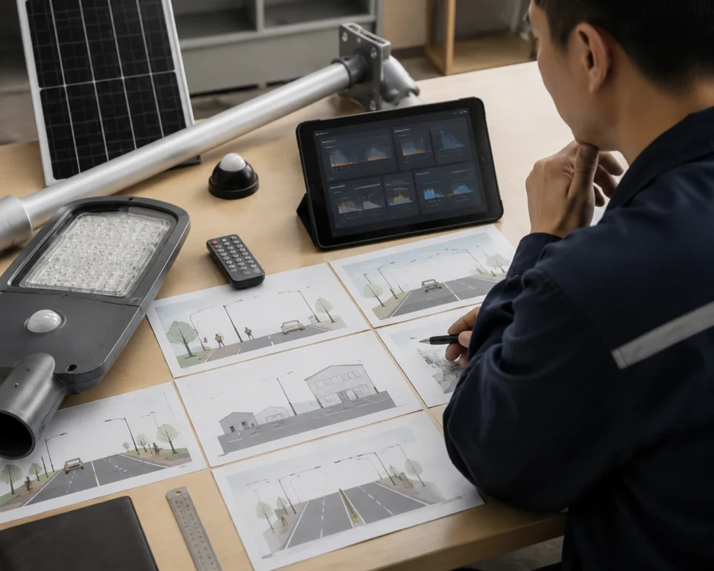 Solar street light motion sensor settings by road type