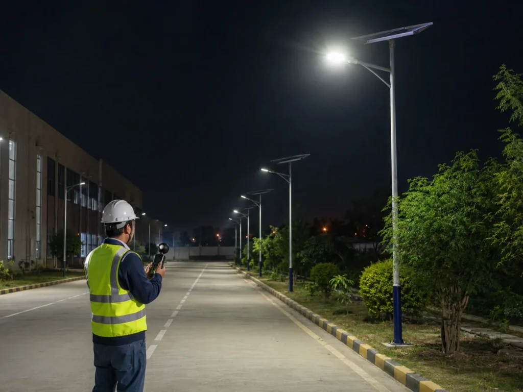 Night test and lighting performance review for solar street light commissioning