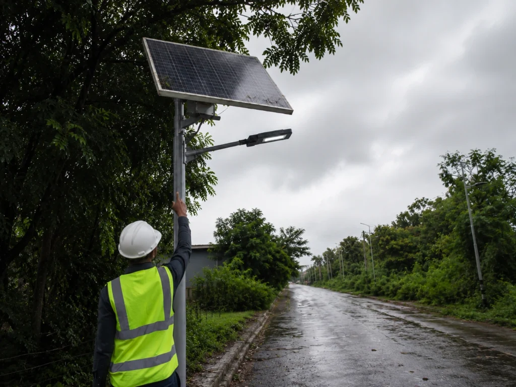 Solar street light panel dust shading and rain watermark inspection