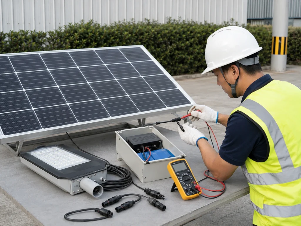 Solar panel output and waterproof connector check before solar street light installation