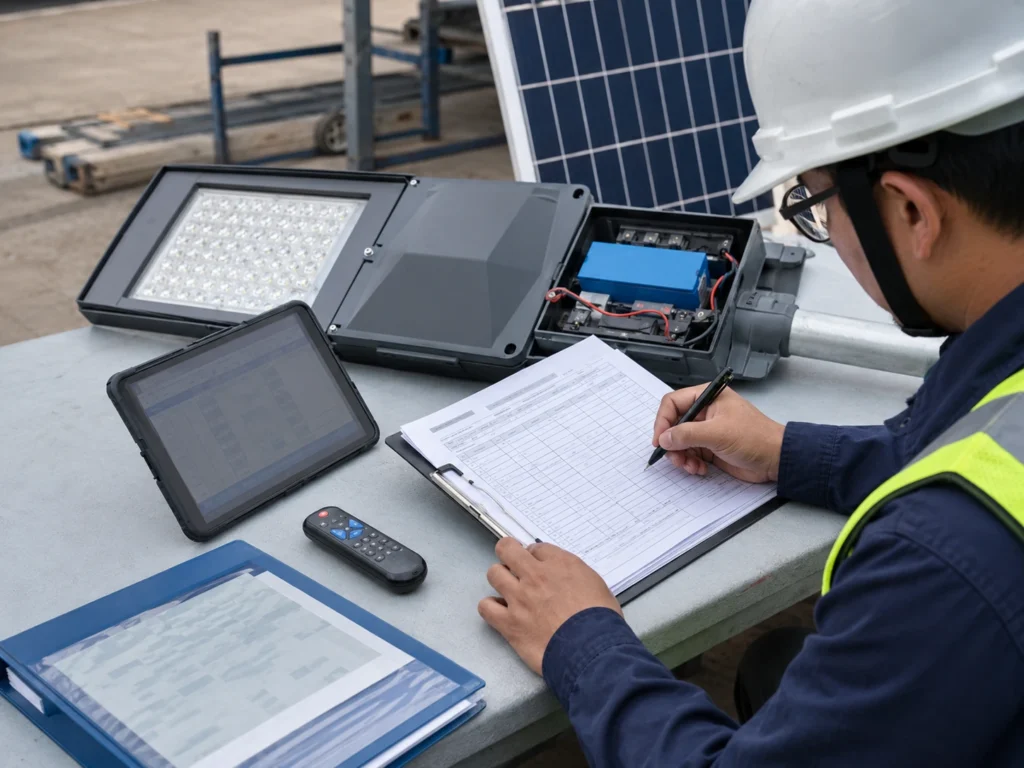 Solar street light pre-installation test record before pole lifting