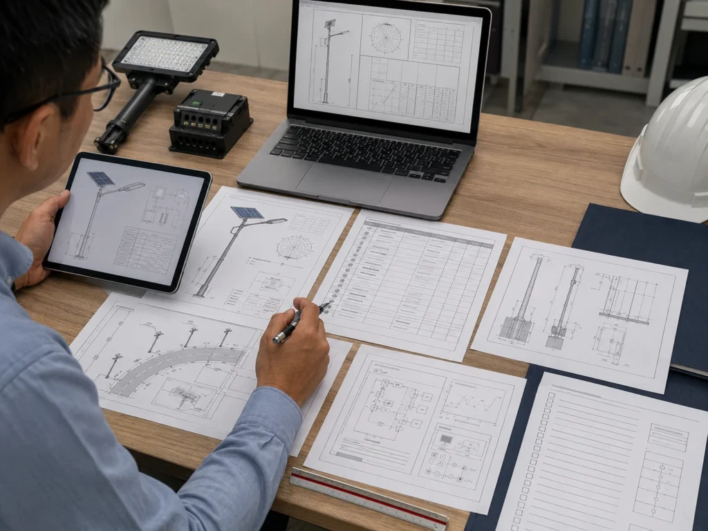 Solar street light project documents BOQ datasheet and controller profile review before commissioning