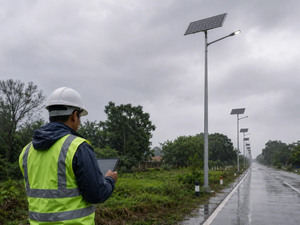 Solar street light rainy season battery autonomy risk caused by aggressive dimming profile
