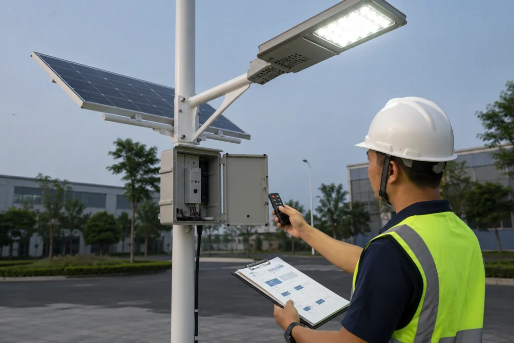 Solar street light remote control local setup during commissioning