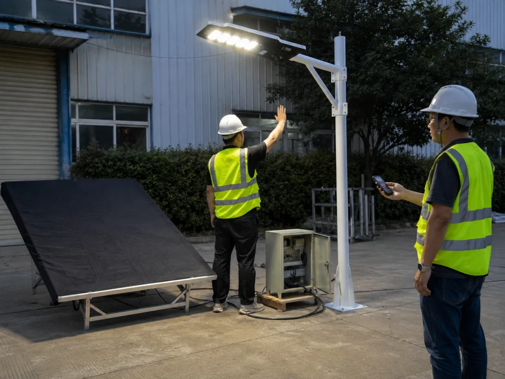 Remote control and motion sensor test for solar street light before pole installation