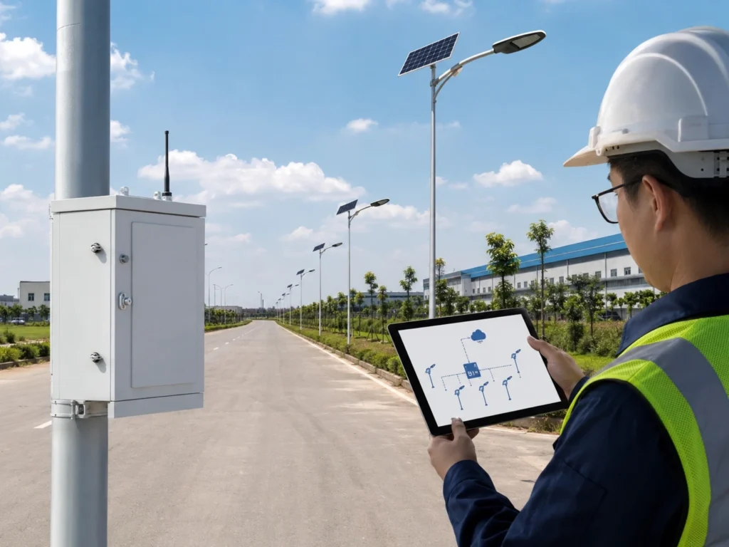 Smart solar street light communication architecture with gateway and platform