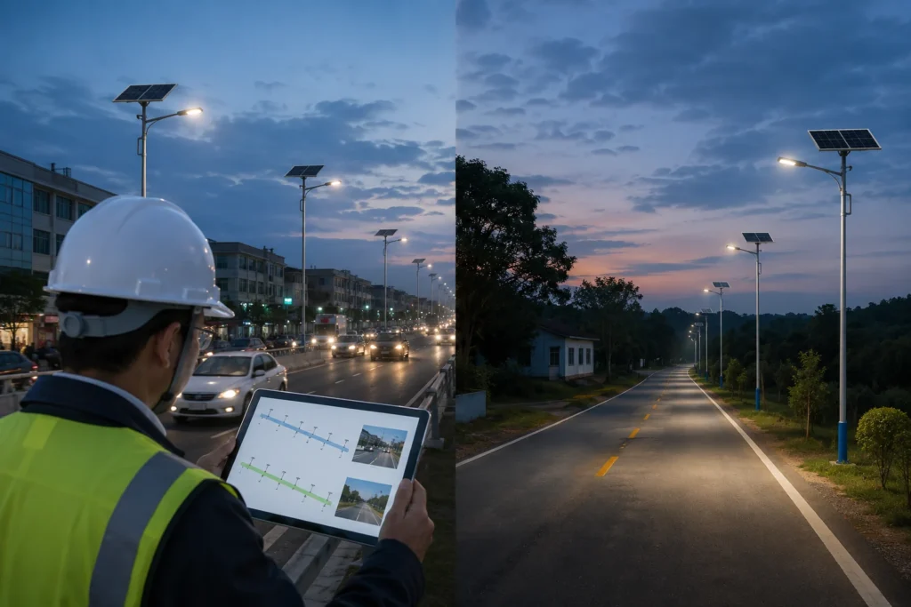 Solar street light control mode selection by road traffic pattern