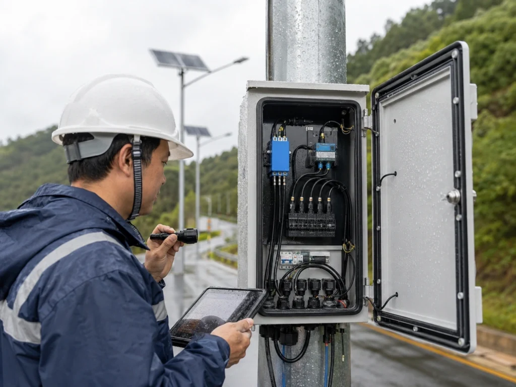 Solar street light water ingress connector and control box inspection after rain