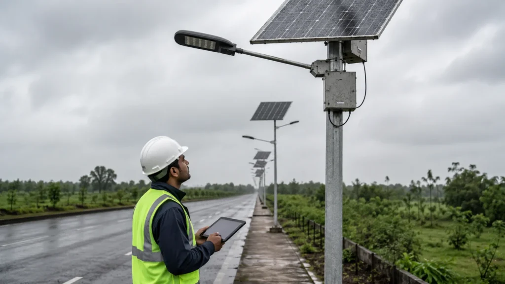 Solar street lights failure review after cloudy and rainy days