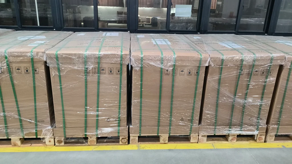 Carton pallet packing reference with protective wrapping for project lighting shipment