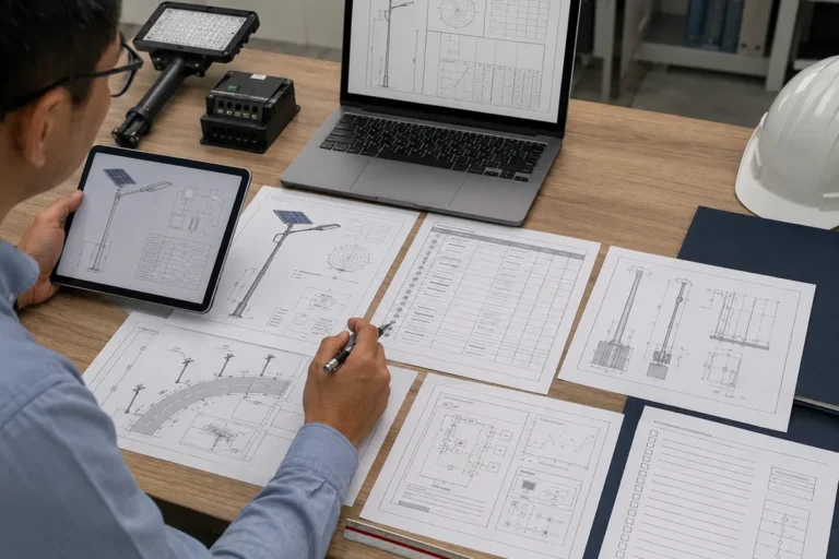 Engineering team reviewing BOQ drawings and lighting project documents before configuration