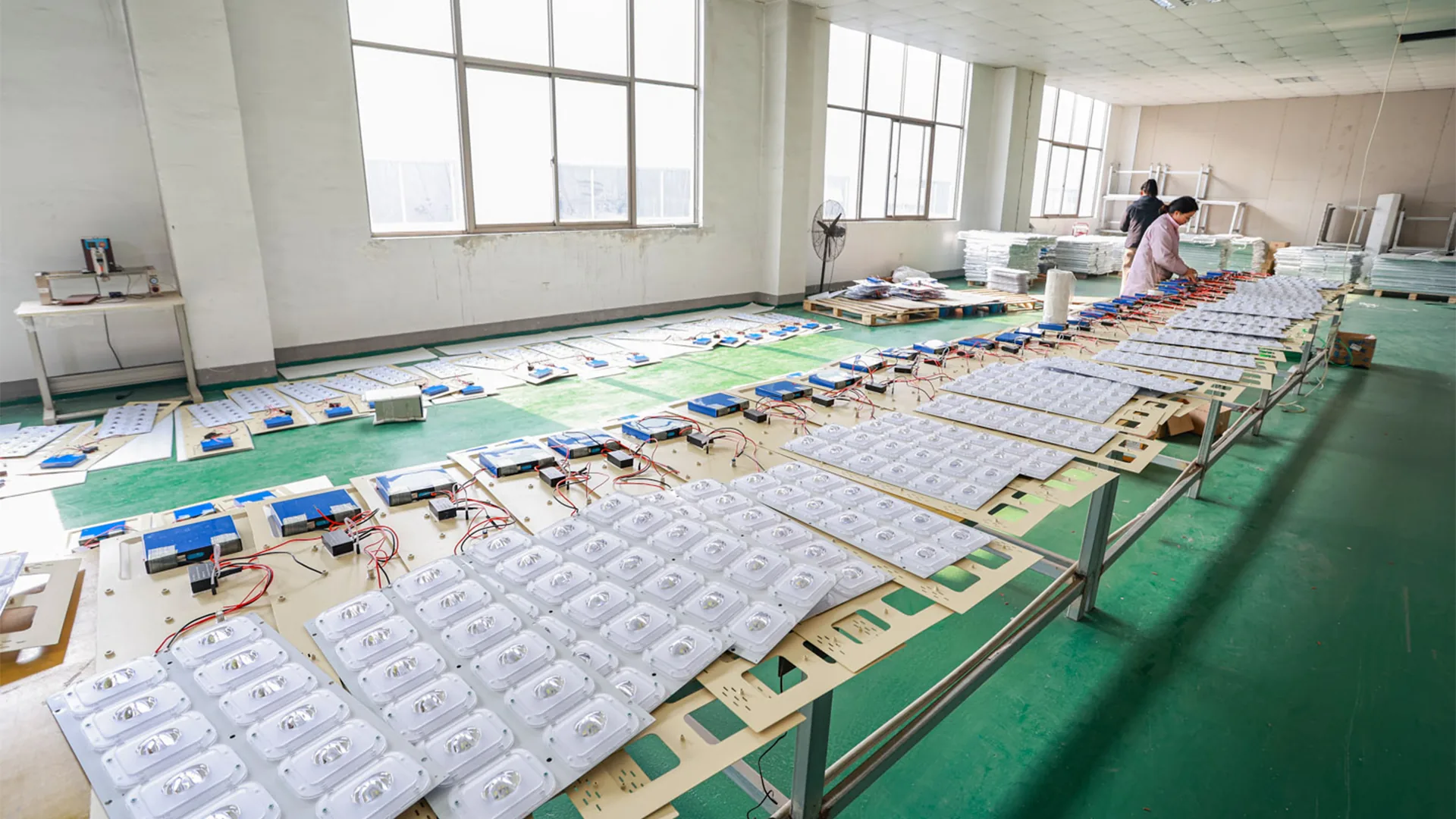 LED module optics and wiring assembly workshop for outdoor lighting manufacturing