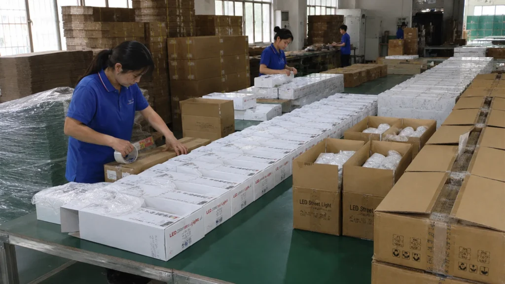 LED street light packaging line with carton marks packing photos and shipment preparation