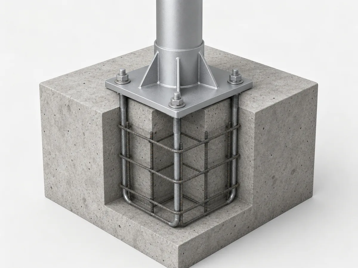 Lighting pole foundation reference with concrete base anchor bolts and flange connection