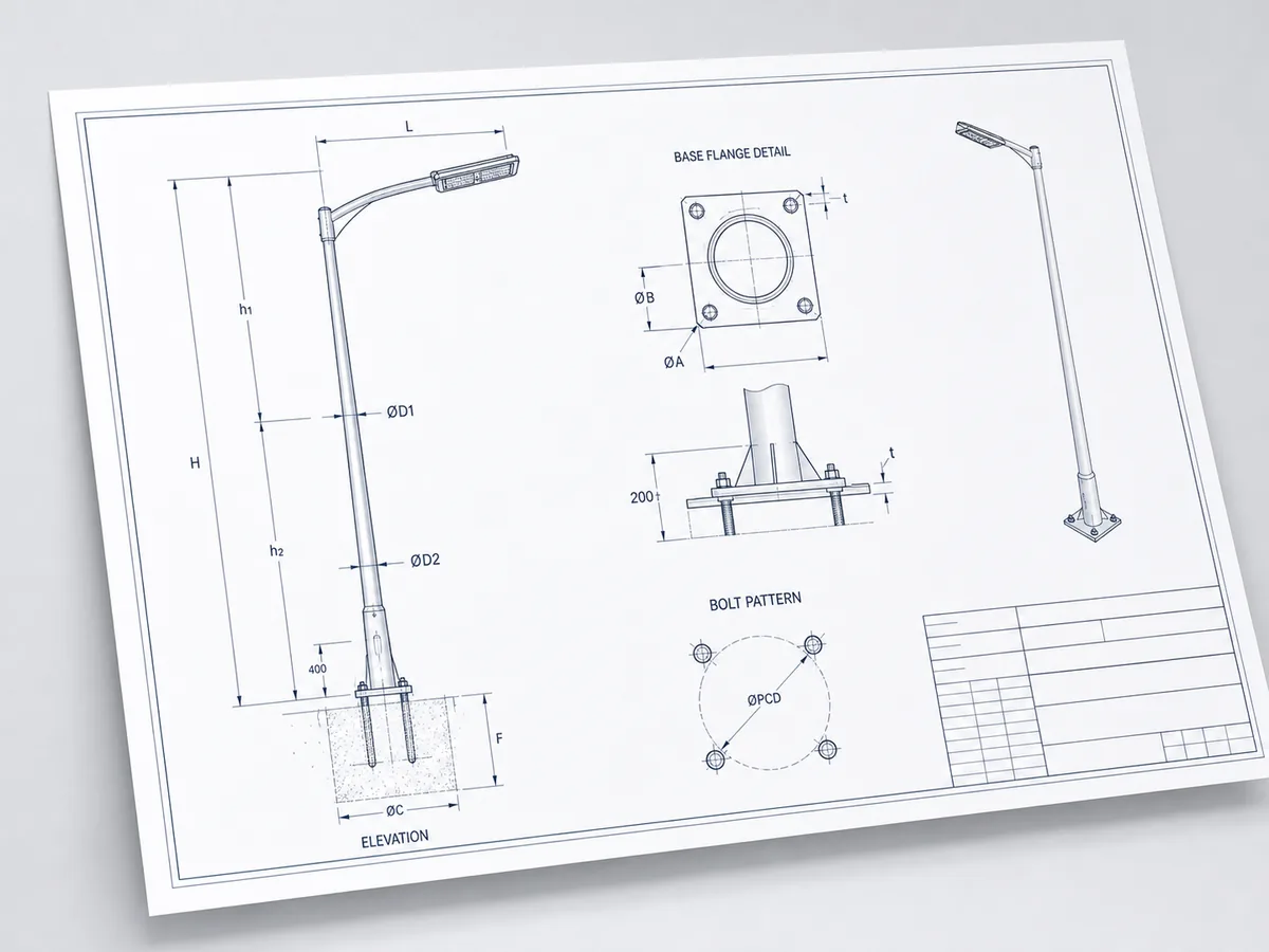 Lighting pole GA drawing preview for project dimensional review