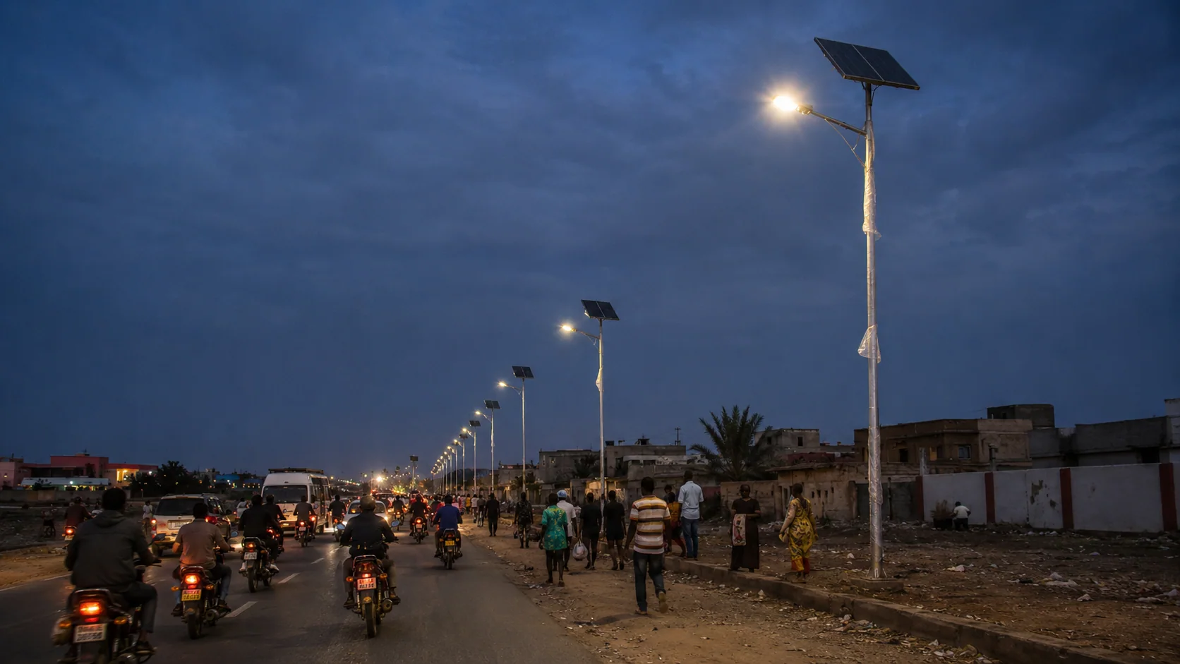 Solar street lights illuminating an urban road project at dusk for EPC and government lighting