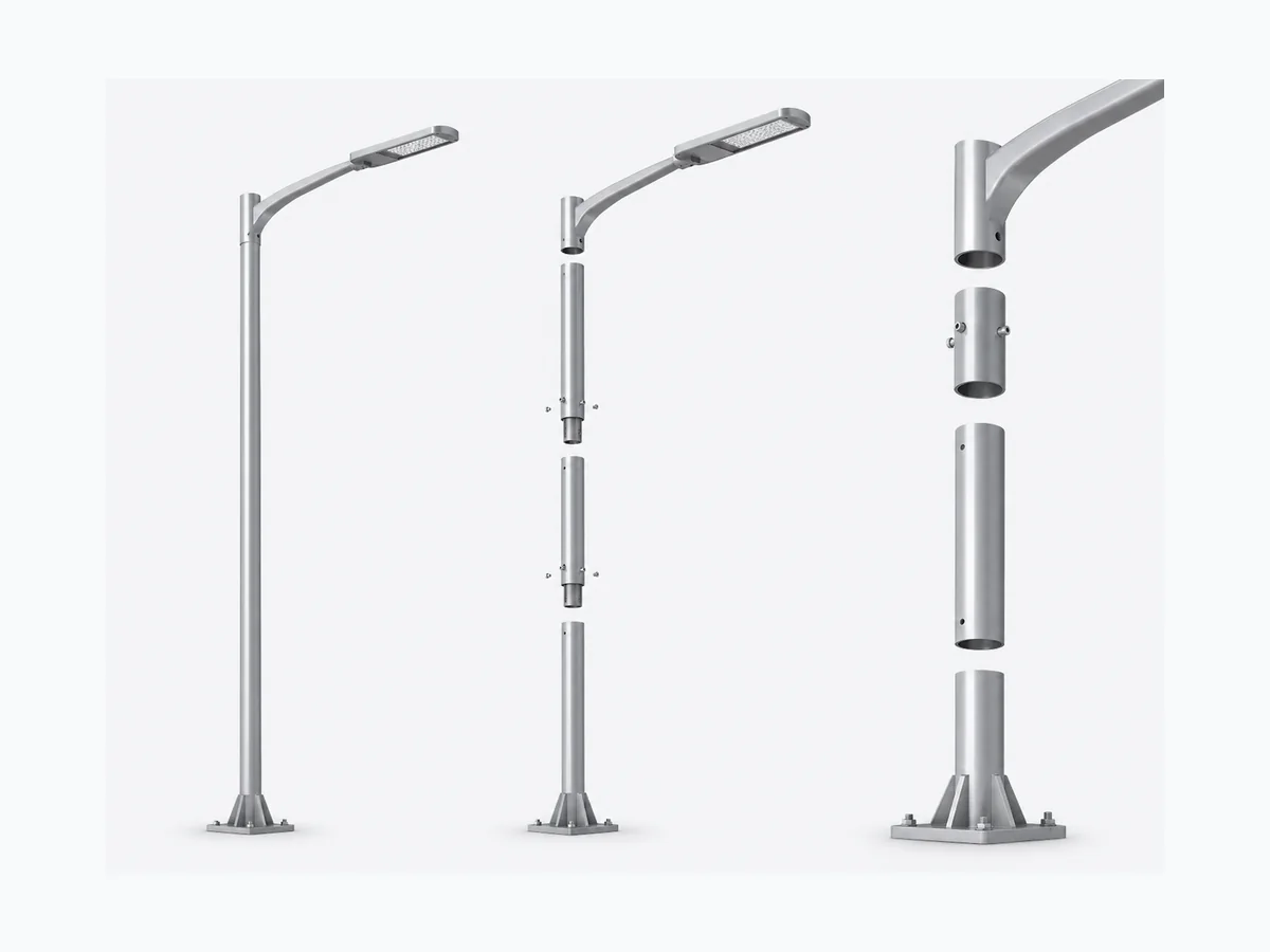 Split lighting pole structure for export packing and remote project installation