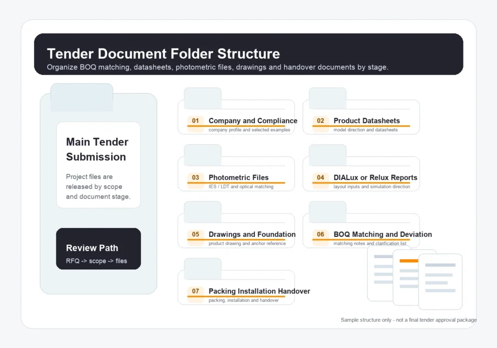 Tender document folder structure illustration for BOQ matching, datasheets, photometric files, drawings and handover documents