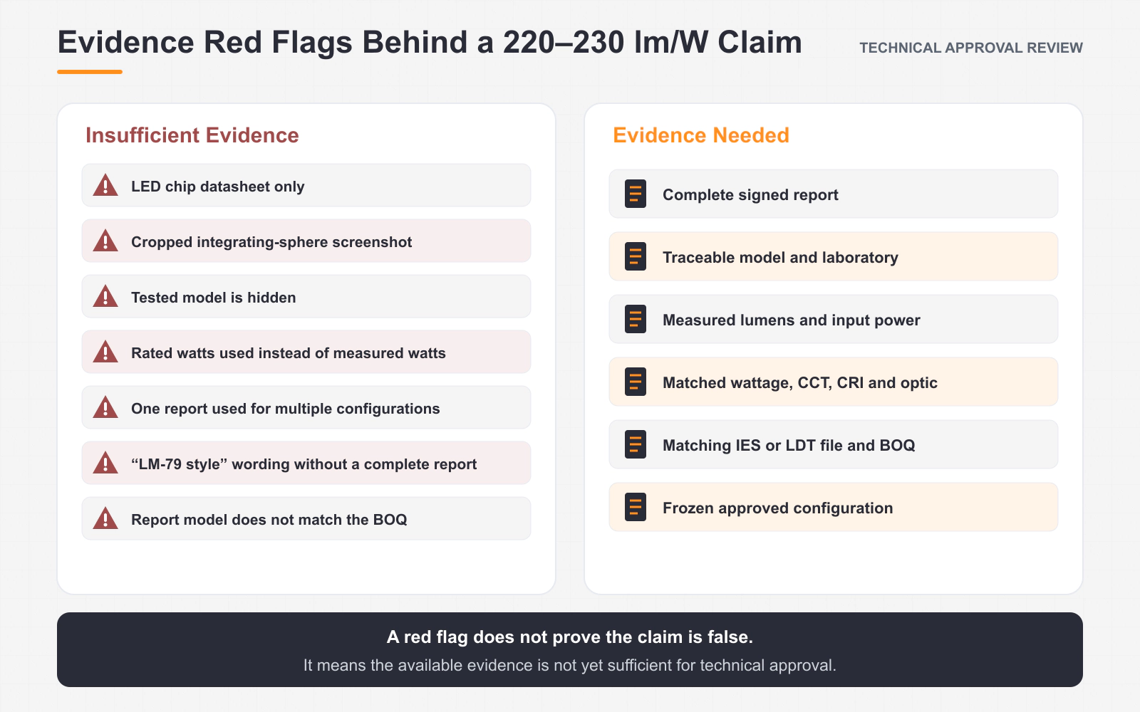 Seven evidence red flags when reviewing a 220–230 lm/W solar street light luminaire claim
