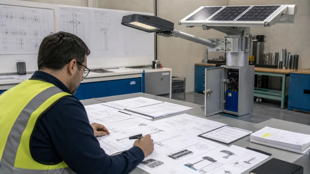 Engineer reviewing anti-theft requirements for a solar street lighting tender