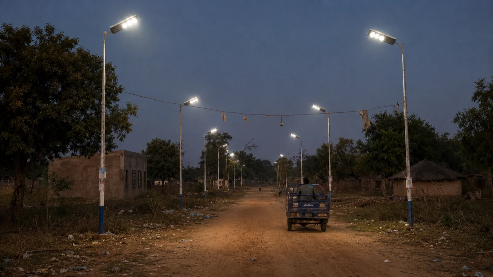 Solar street lights illuminating a rural road for Burkina Faso project review