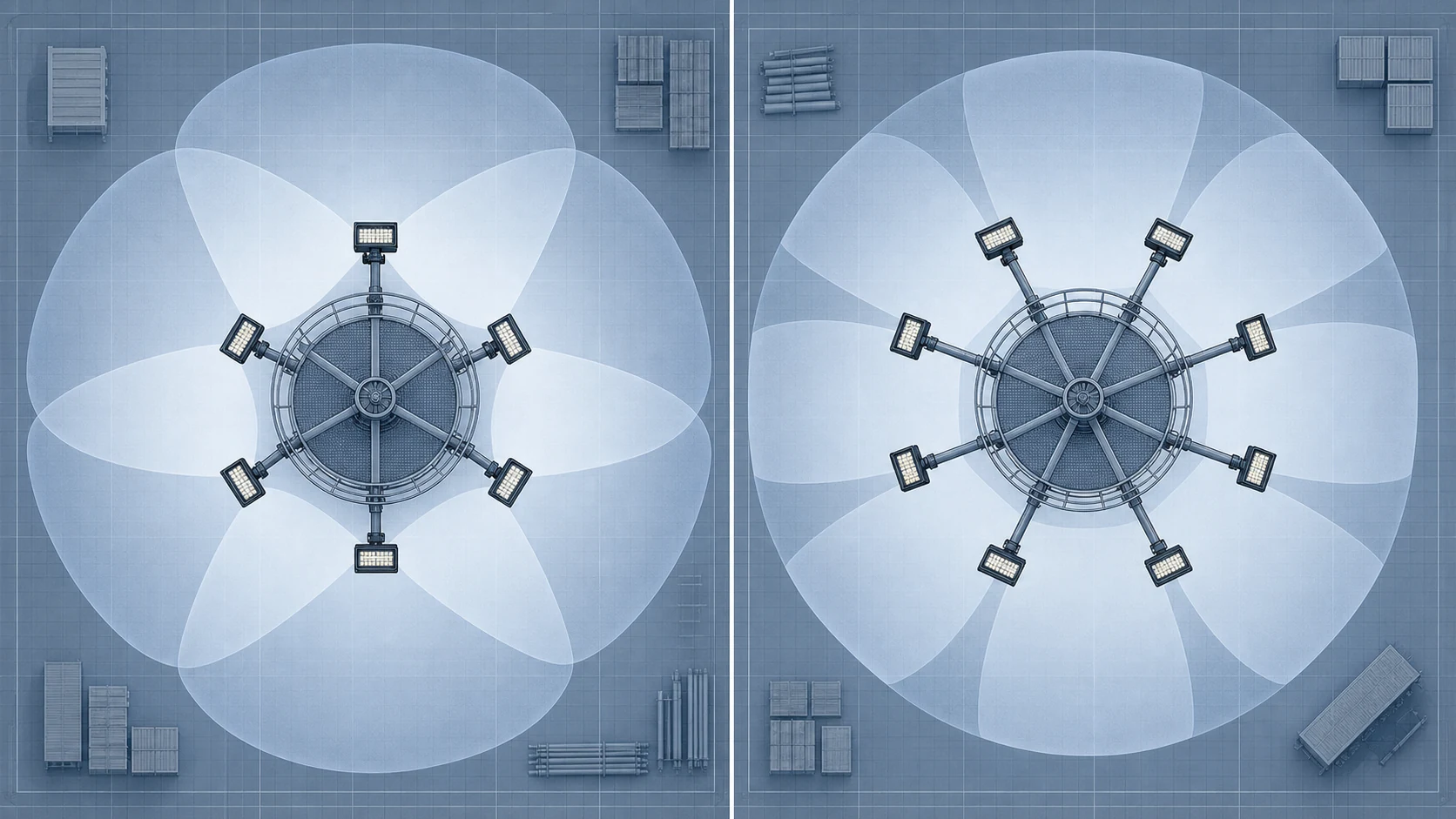 6x800W versus 8x600W high mast lighting layout comparison