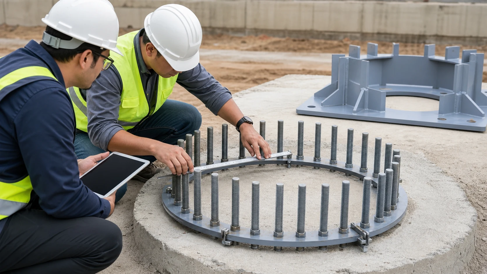 High mast anchor bolt template and base plate installation review