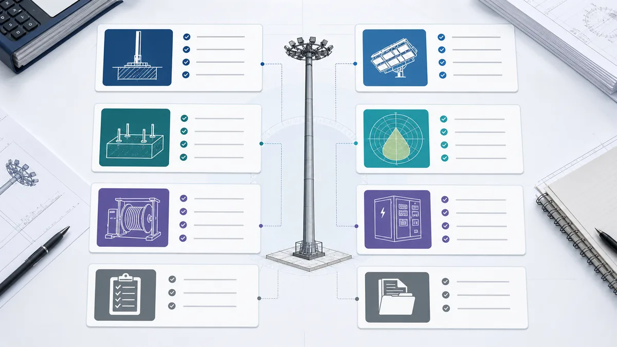 High mast lighting BOQ scope matrix for poles luminaires foundation electrical and handover items