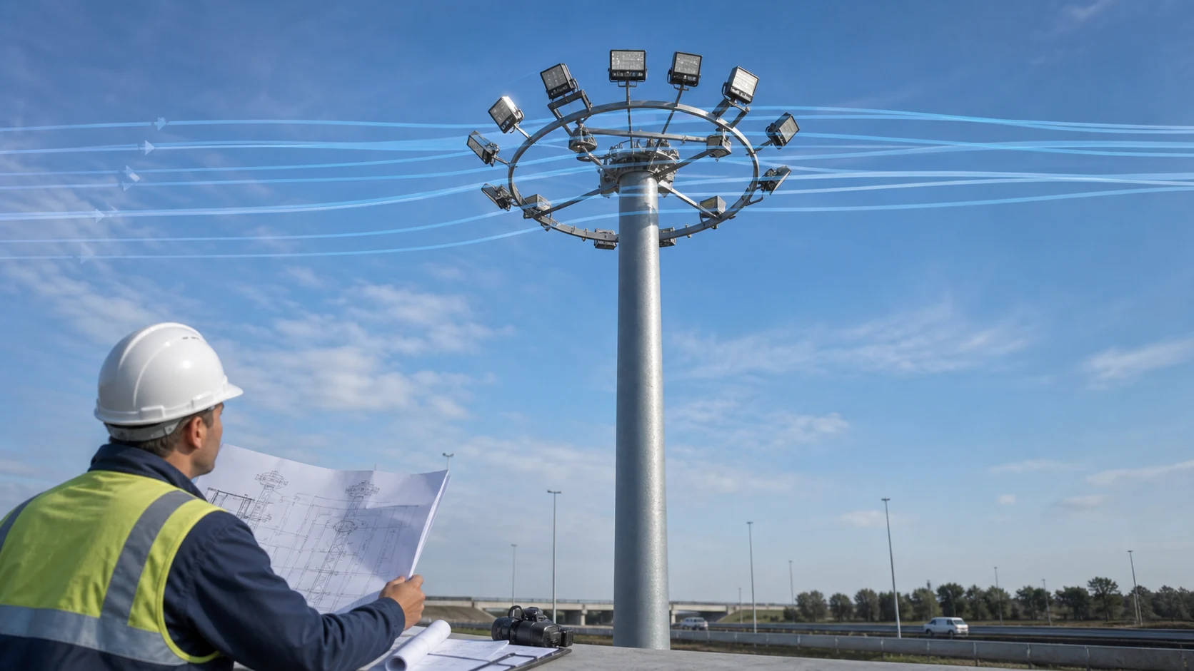 High mast luminaire EPA and wind direction review for structural design