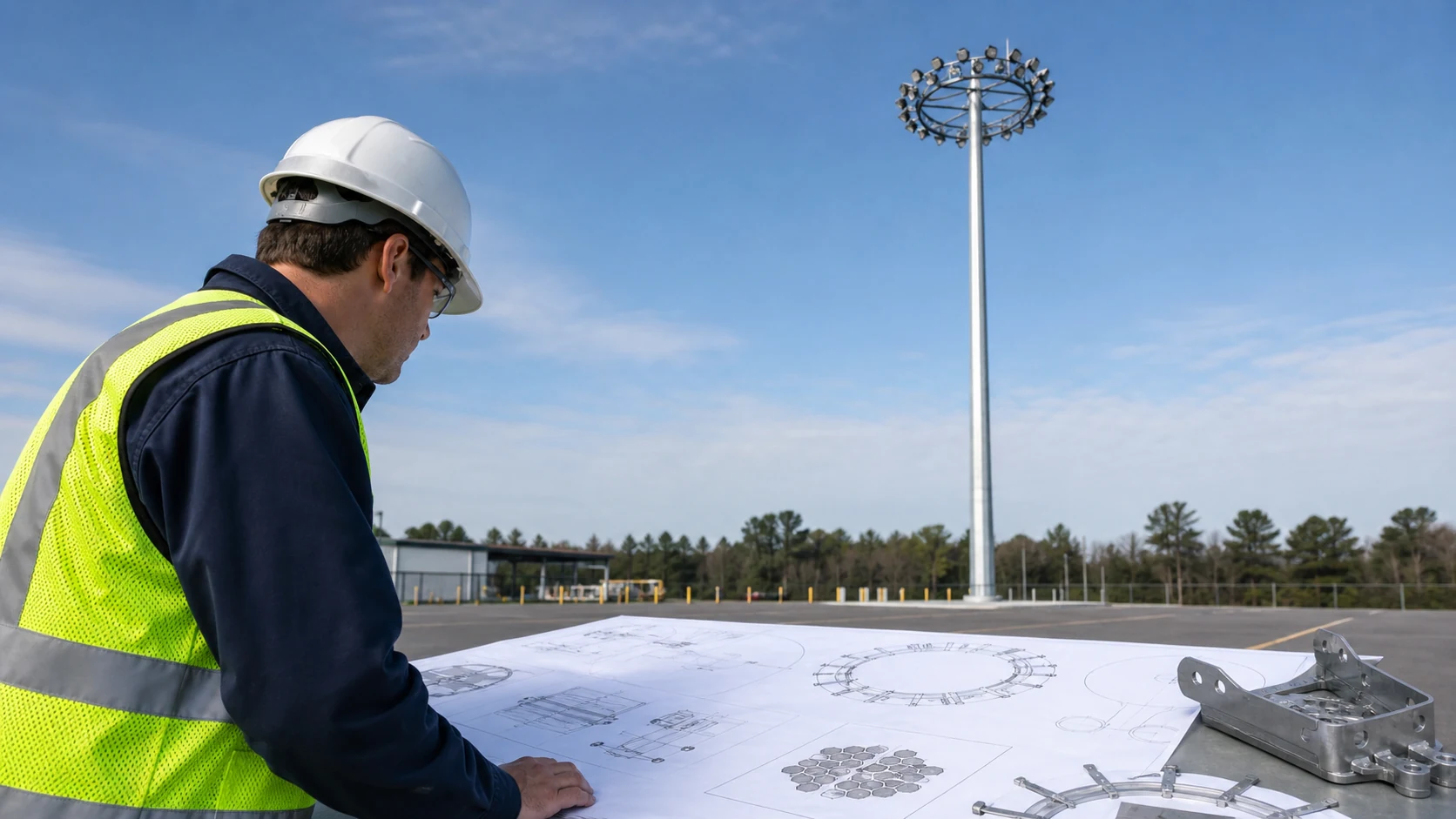High mast LED retrofit headframe lowering system and pole compatibility review