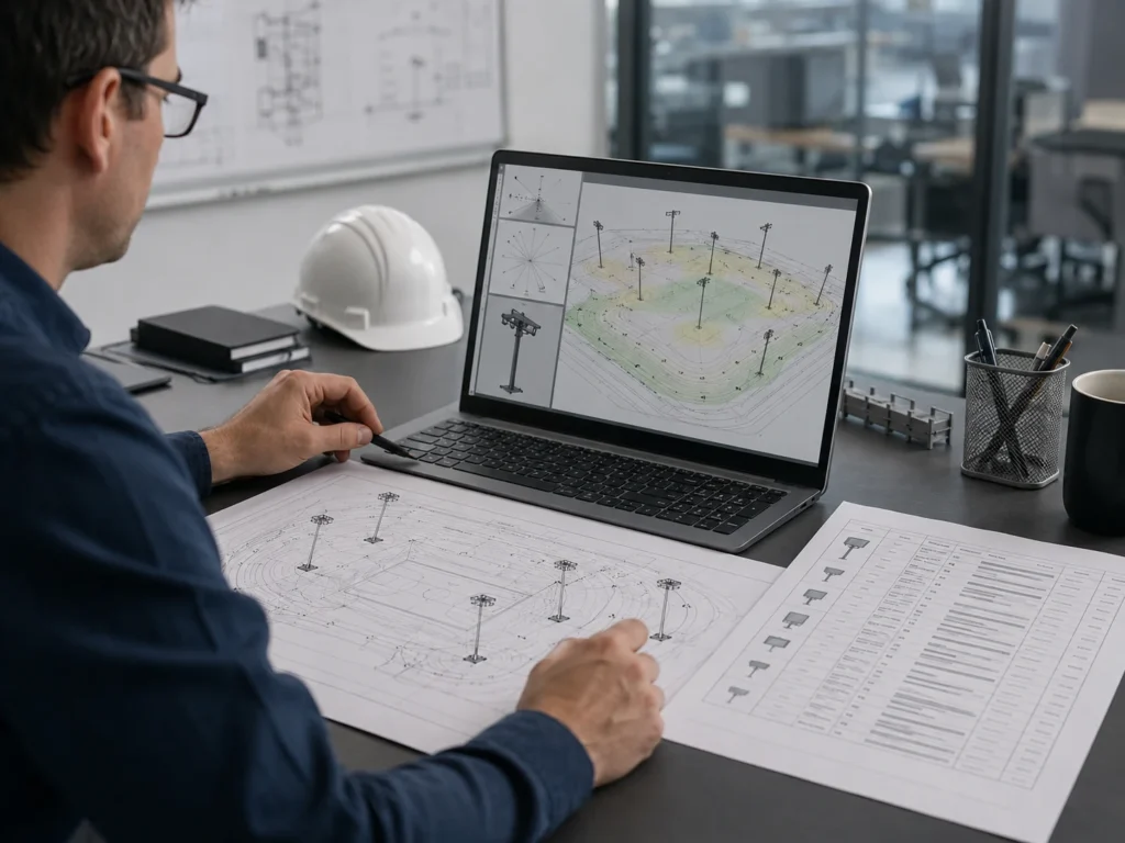 High mast lighting aiming plan and luminaire schedule review for engineering project