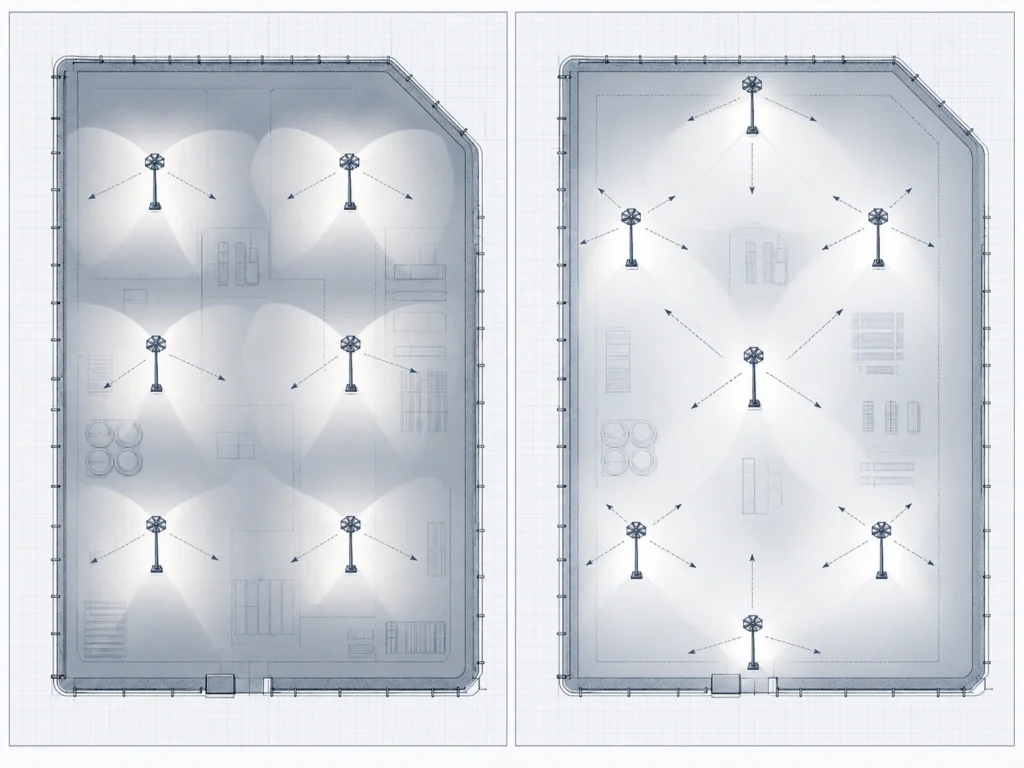 Before and after high mast lighting layout optimization diagram for pole placement and aiming