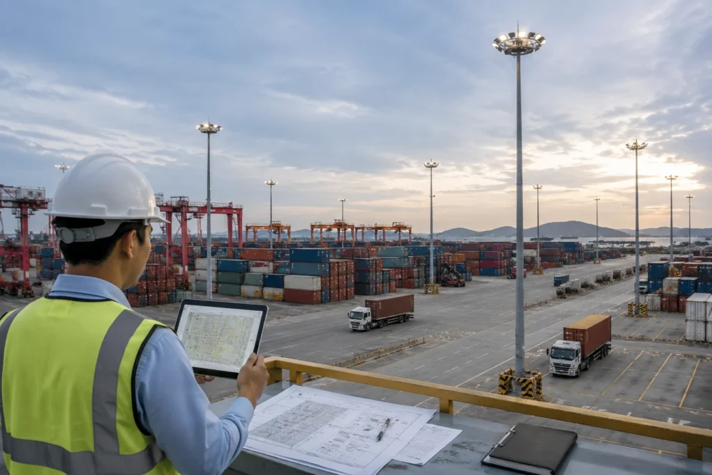 High mast lighting pole spacing review for container terminal yard