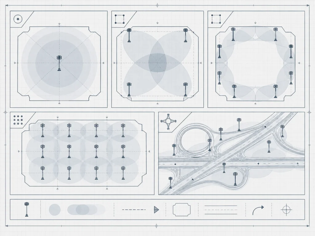 High mast lighting layout patterns comparison diagram for central four-corner perimeter grid and roadway layouts