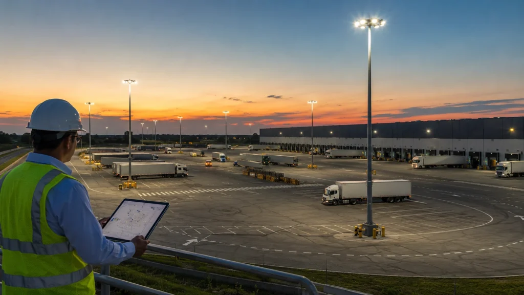 High mast lighting layout pattern review for logistics yard with truck routes and loading areas