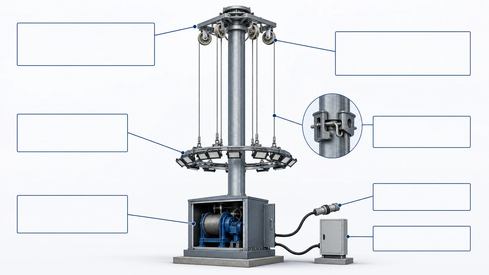 High mast lowering system components including headframe sheave wire rope ring winch latch and controls