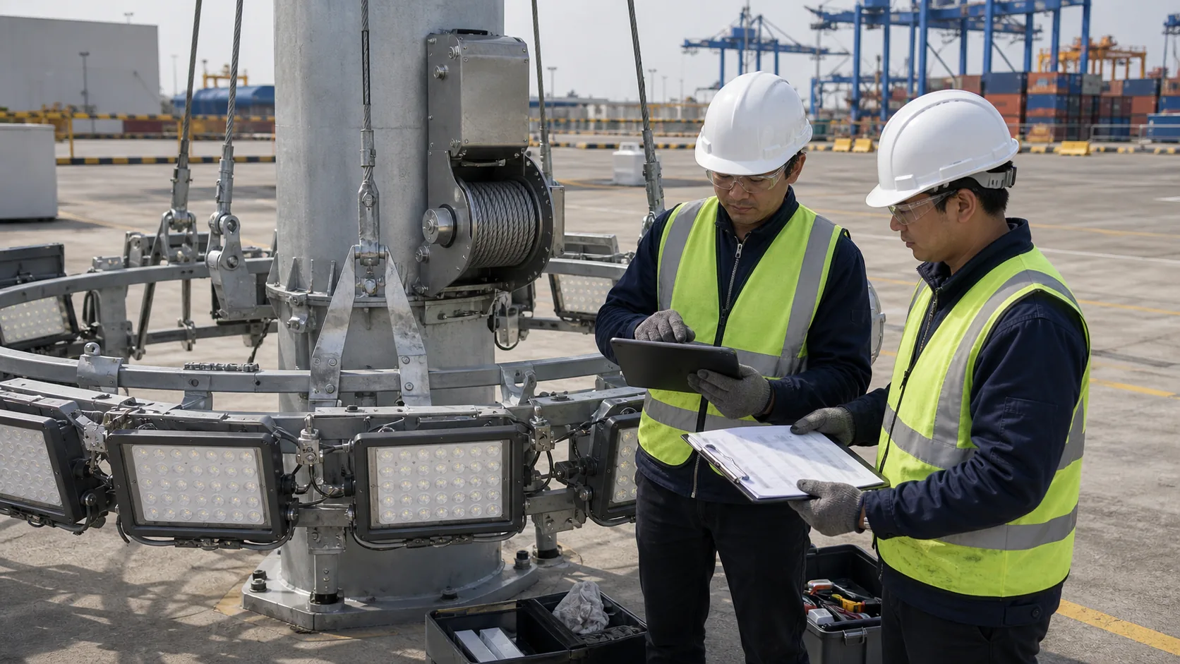 High mast lowering system inspection record for wire rope winch ring and latch review